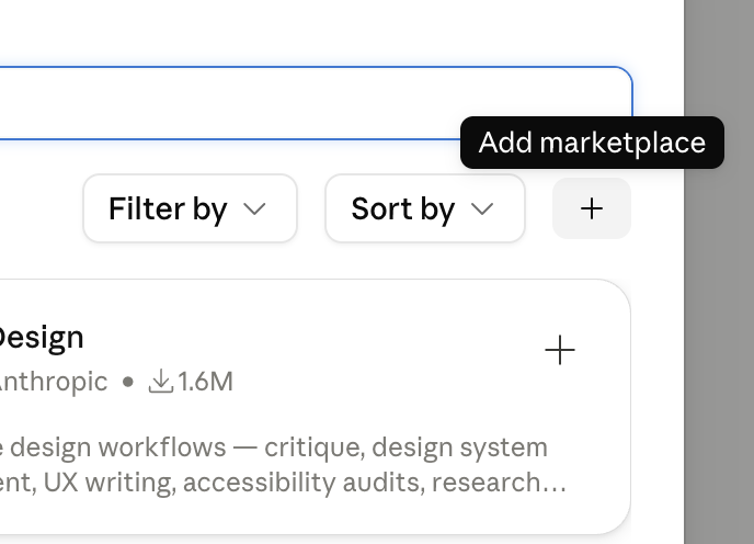 The plugin browser search bar with Filter by and Sort by controls, and a + button on the right showing an Add marketplace tooltip.