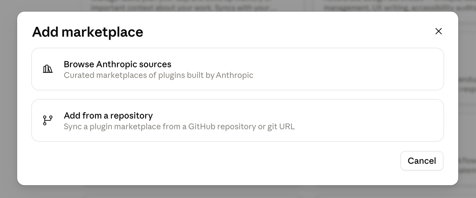 The Add marketplace dialog with two options: Browse Anthropic sources, and Add from a repository (sync a plugin marketplace from a GitHub repository or git URL).